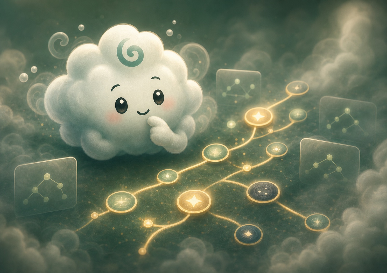 A cute mist engine mascot thinking through glowing paths in a foggy search space.