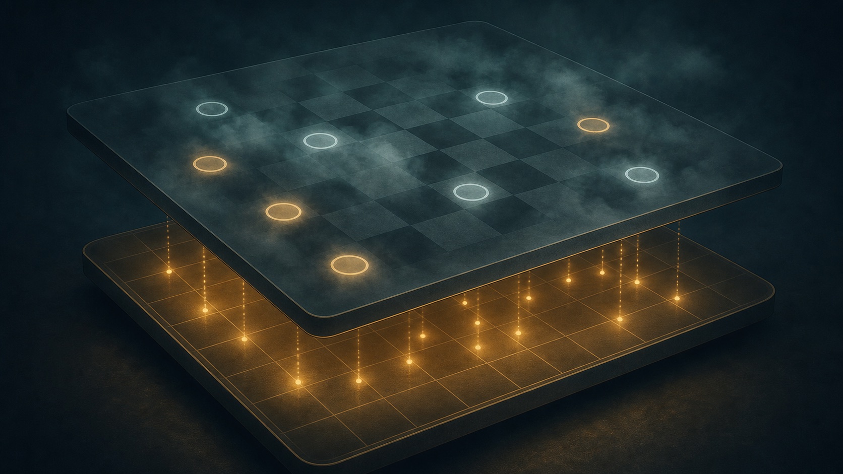A foggy visible board layer floating above a hidden golden truth layer.